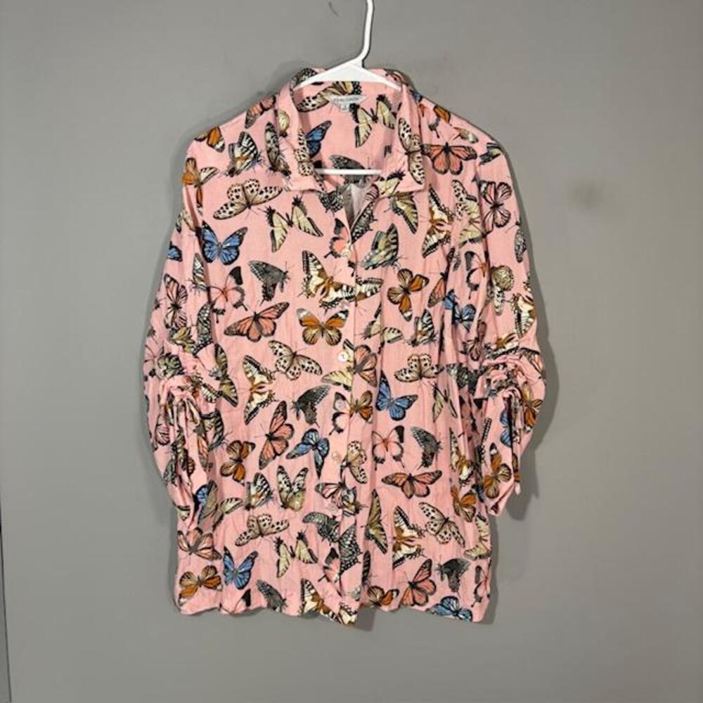 John Mark Blouse Womens Small Pink Butterfly Print Long Sleeve Tunic Top